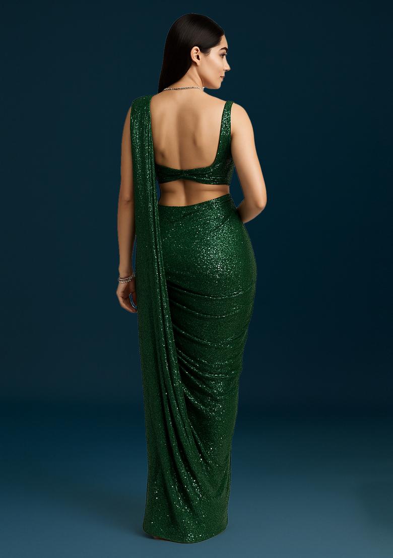 Green Sequin Georgette Pre Draped Saree Set