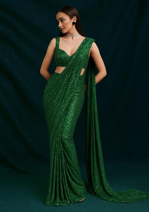 Green Sequin Georgette Pre Draped Saree Set