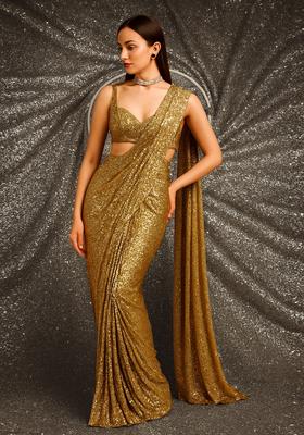 Coffee Brown Sequin Georgette Pre Draped Saree Set