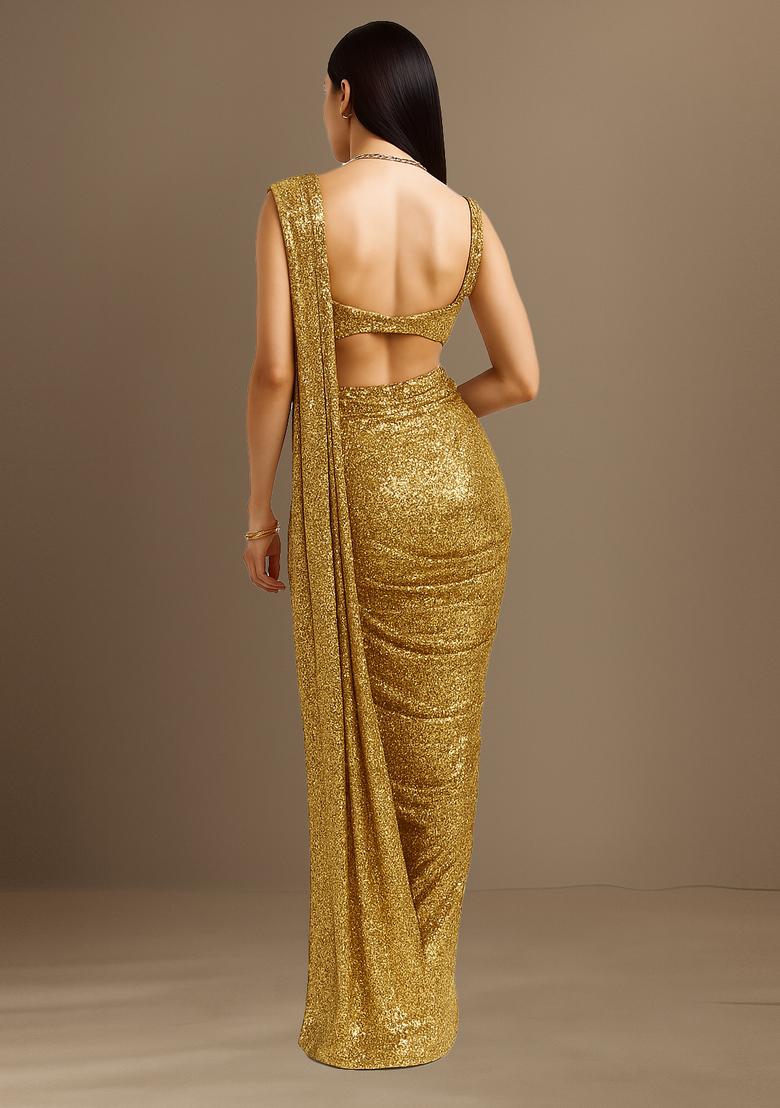 Coffee Brown Sequin Georgette Pre Draped Saree Set - Indya