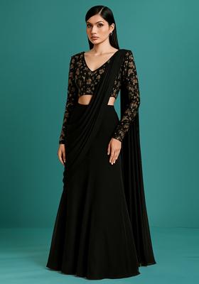 Black Solid Silk Pre Draped Saree Set