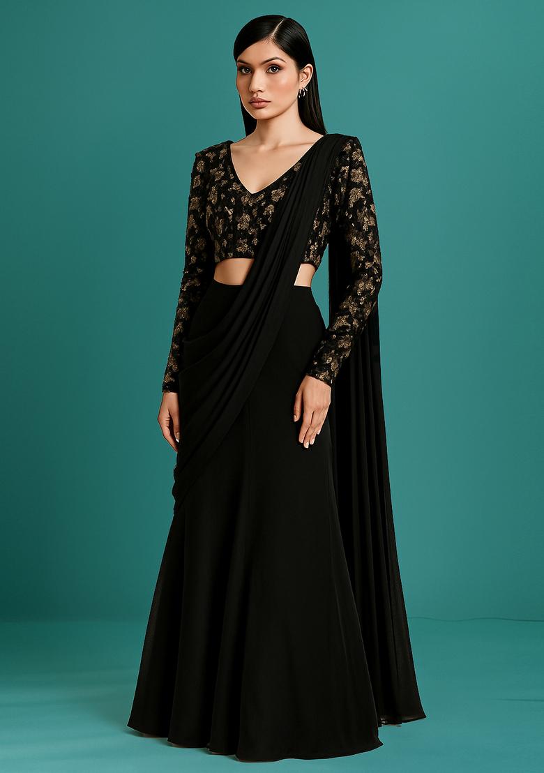 Black Solid Silk Pre Draped Saree Set