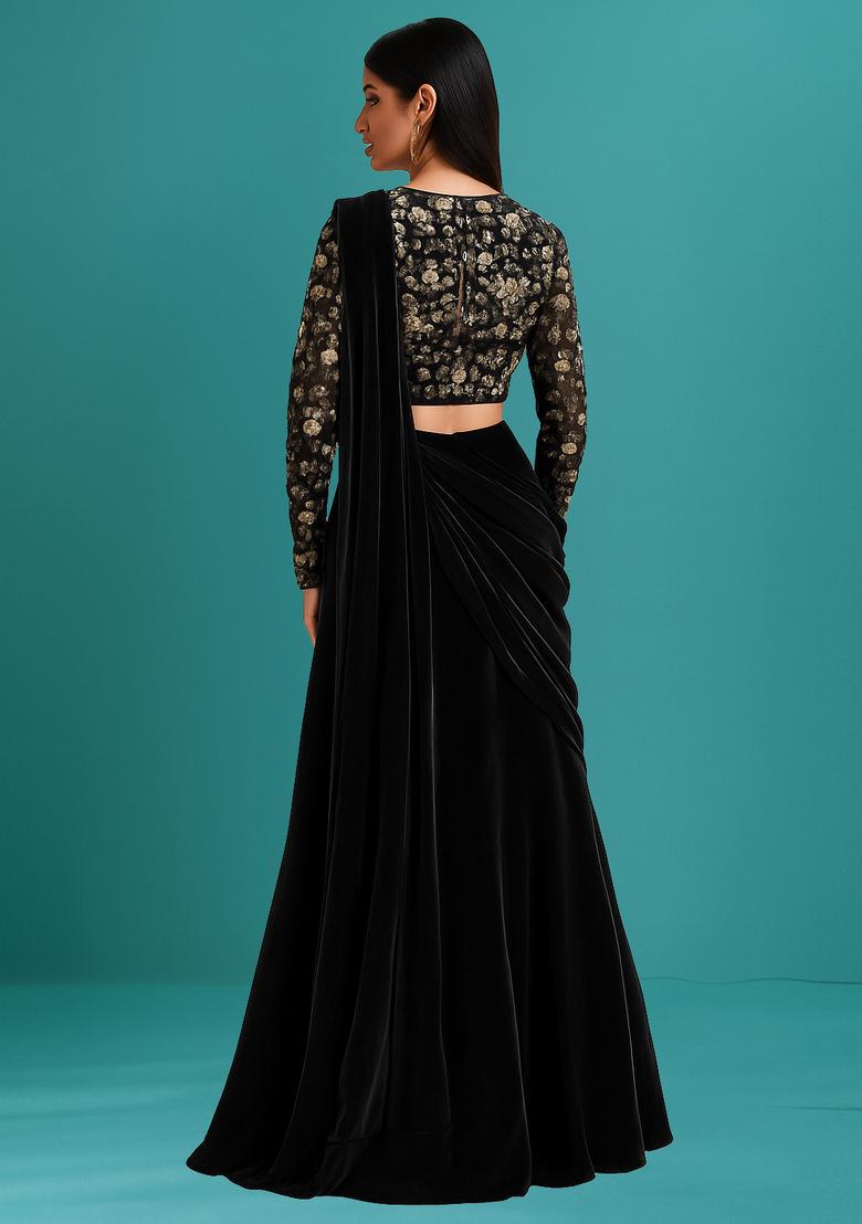 Black Solid Silk Pre Draped Saree Set