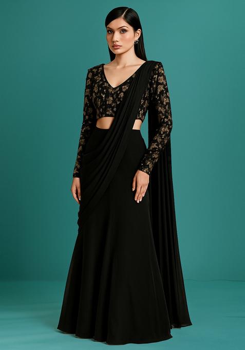 Black Solid Silk Pre Draped Saree Set