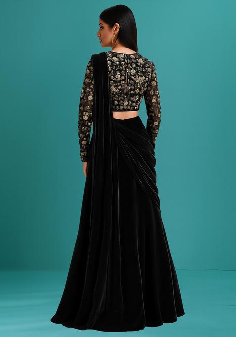 Black Solid Silk Pre Draped Saree Set