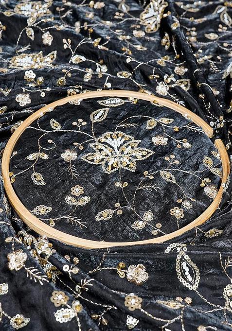 Black Solid Silk Pre Draped Saree Set