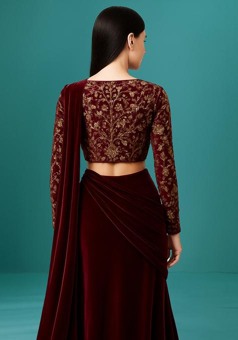 Wine Solid Silk Pre Draped Saree Set