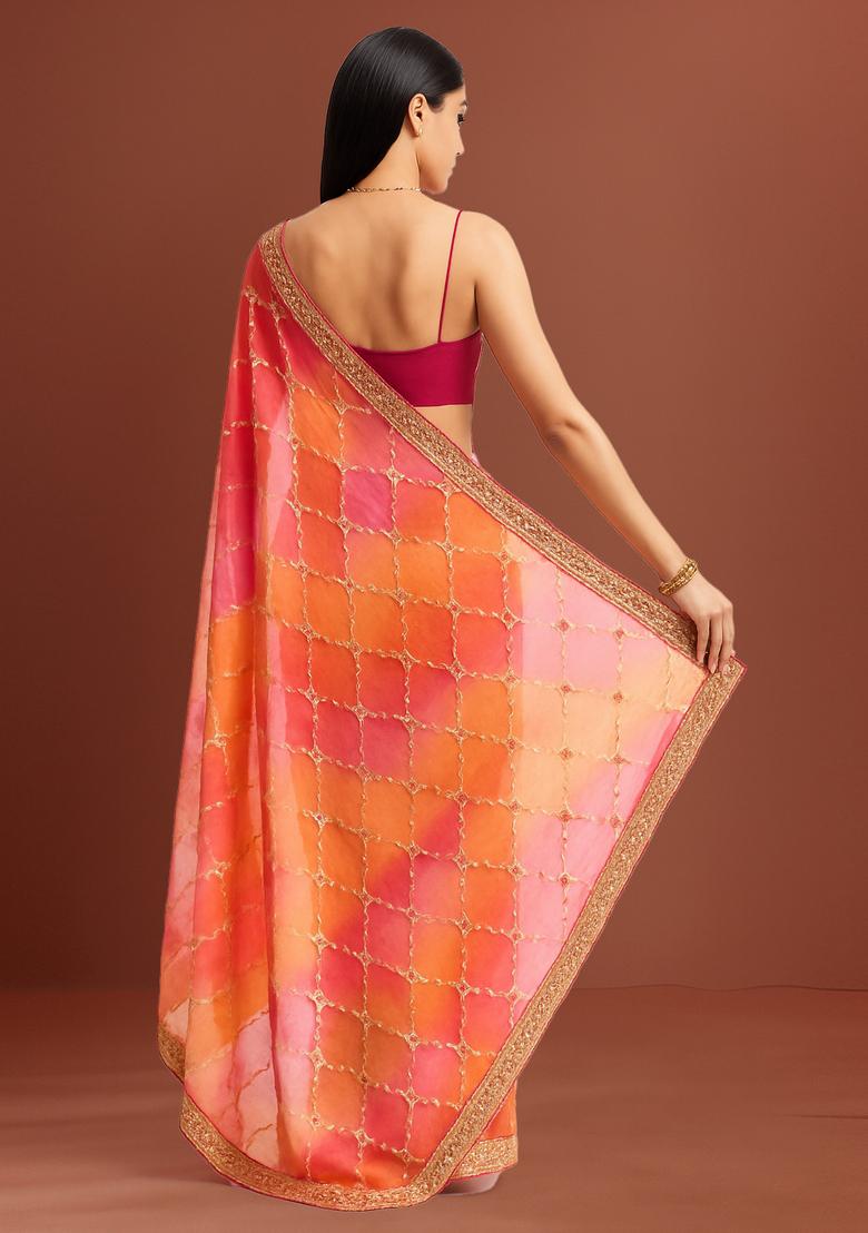 Multicolor Embellished Chinon Silk Pre Draped Saree Set - Indya