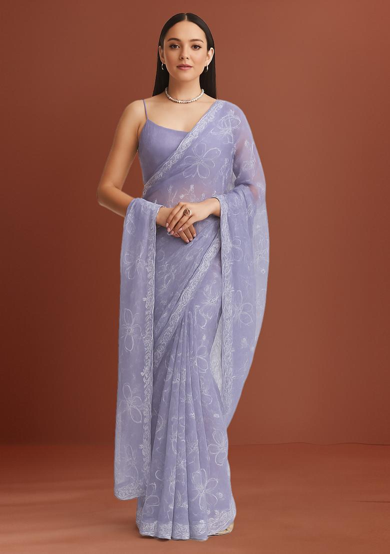 Lilac Embroidered Chanderi Pre Draped Saree Set