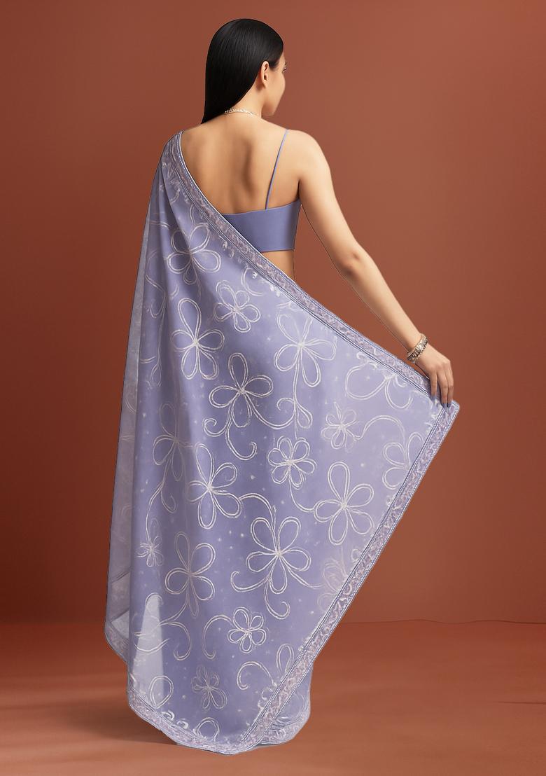 Lilac Embroidered Chanderi Pre Draped Saree Set