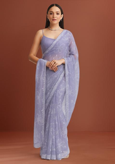 Lilac Embroidered Chanderi Pre Draped Saree Set