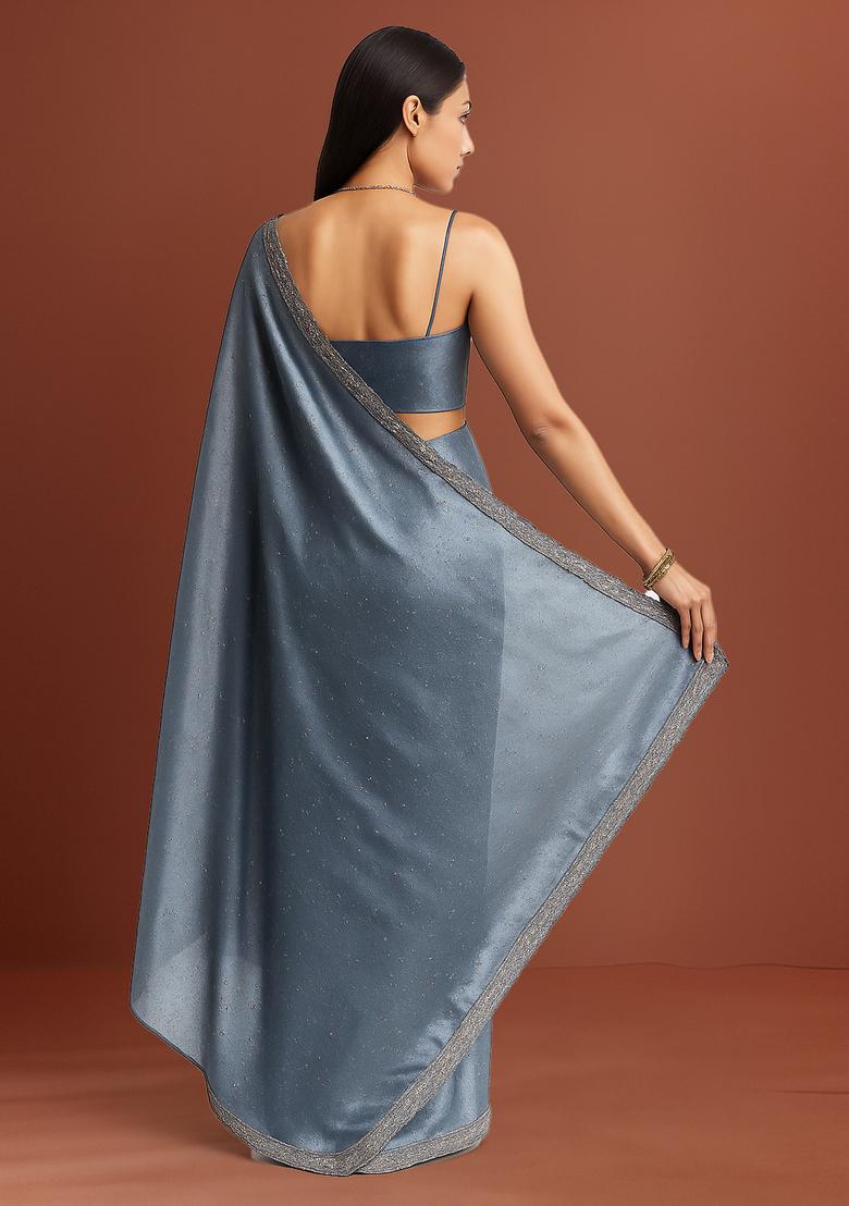 Grey Stone Work Satin Pre Draped Saree Set