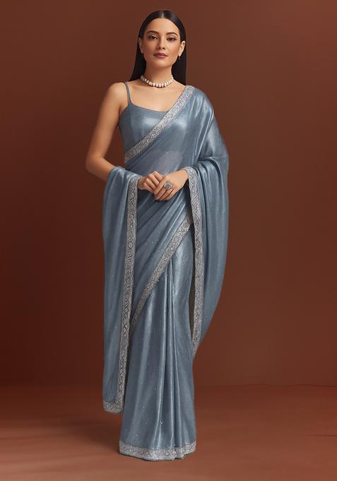 Grey Stone Work Satin Pre Draped Saree Set
