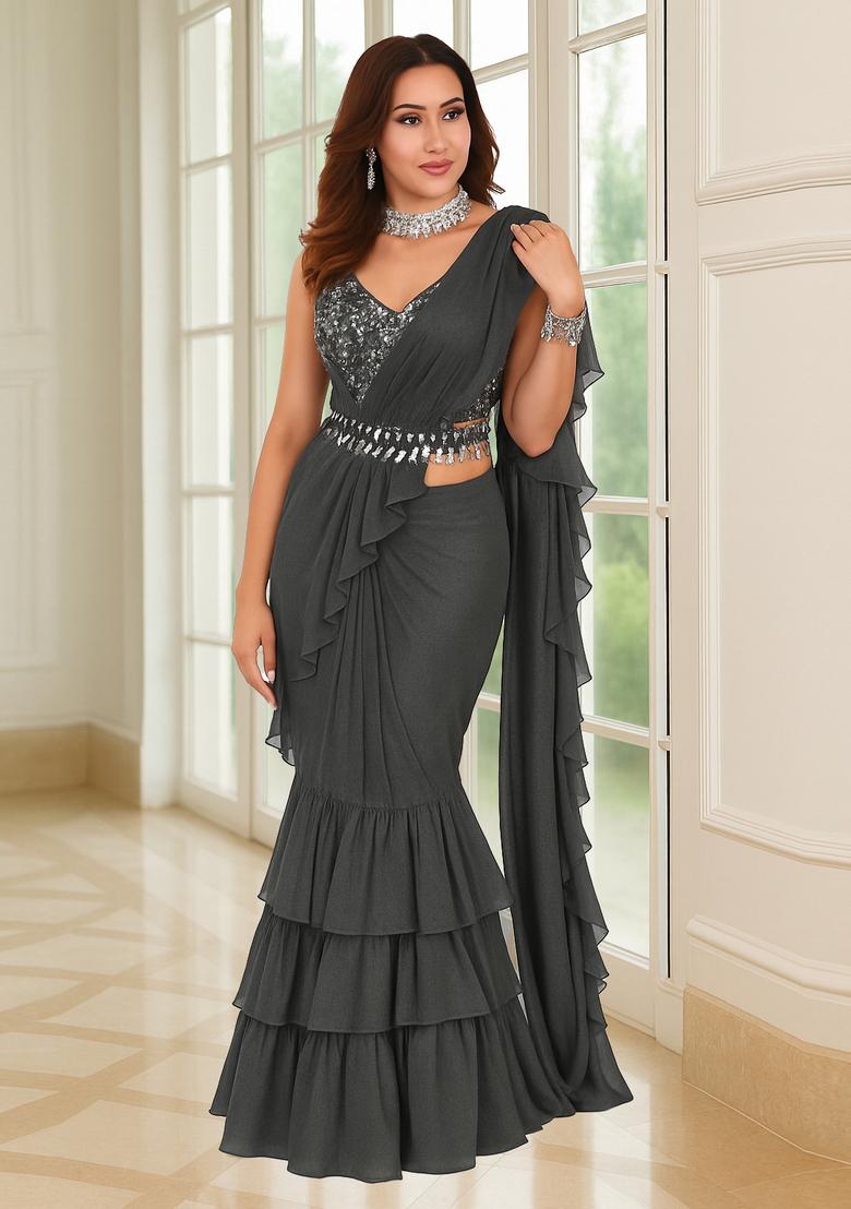 Grey Sequin Blouse Georgette Pre Draped Saree Set