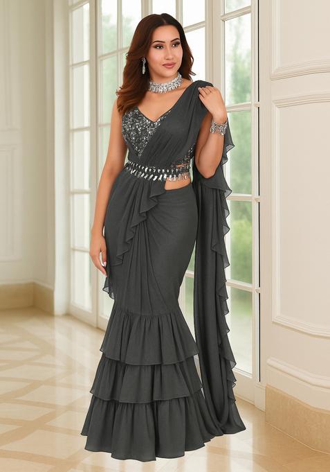 Grey Sequin Blouse Georgette Pre Draped Saree Set