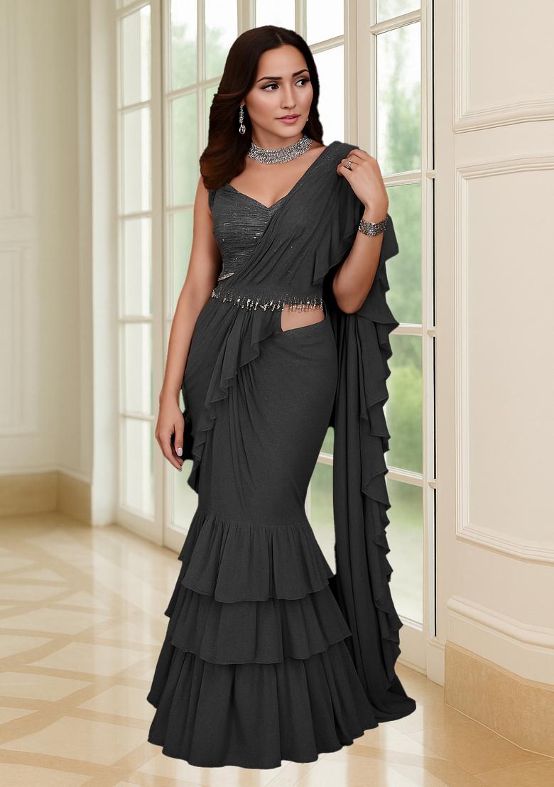 Dark Grey Sequin Blouse Georgette Pre Draped Saree Set