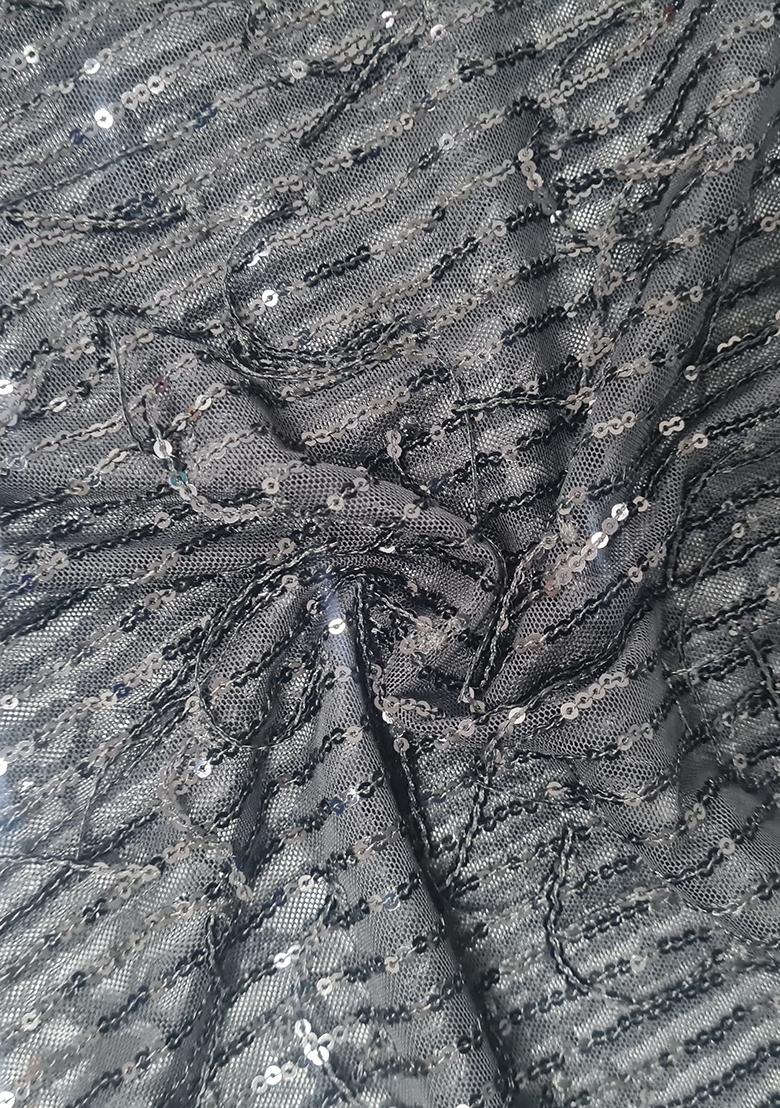 Dark Grey Sequin Blouse Georgette Pre Draped Saree Set