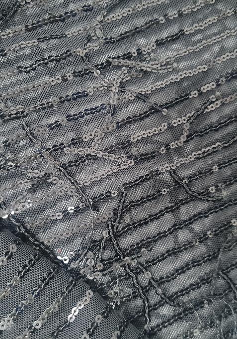 Dark Grey Sequin Blouse Georgette Pre Draped Saree Set