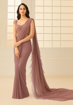 Mauve Schiffli&nbsp;Blouse Georgette Pre Draped Saree Set