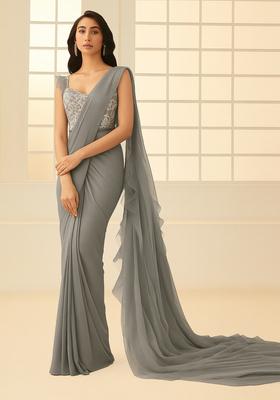 Grey Schiffli&nbsp;Blouse Georgette Pre Draped Saree Set