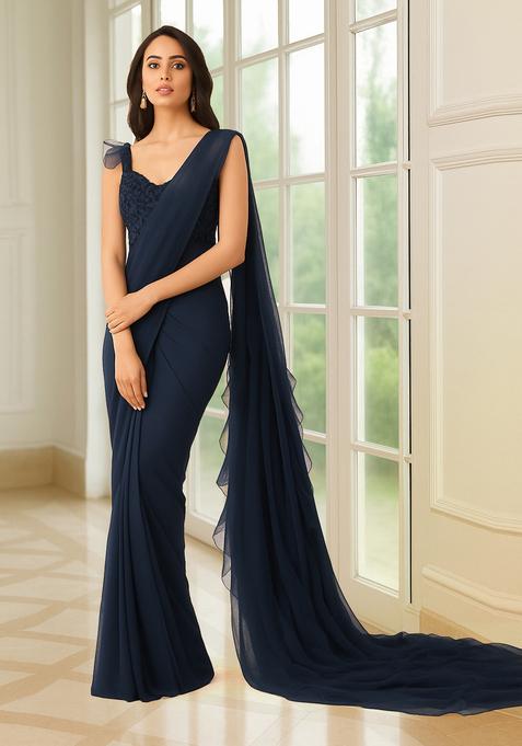 Blue Crochet Blouse Georgette Pre Draped Saree Set