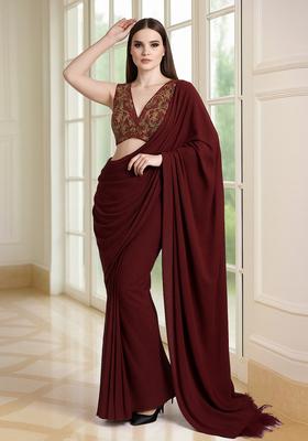 Red Embroidered Blouse Georgette Pre Draped Saree Set