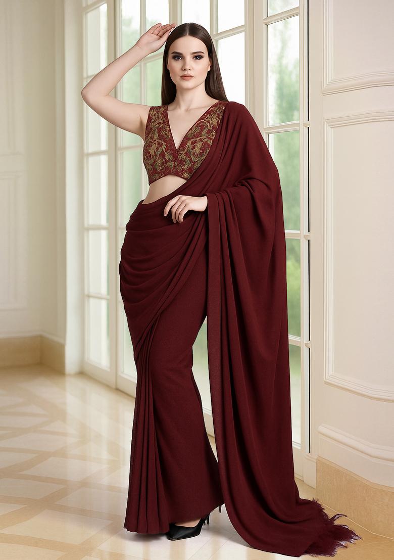 Red Embroidered Blouse Georgette Pre Draped Saree Set