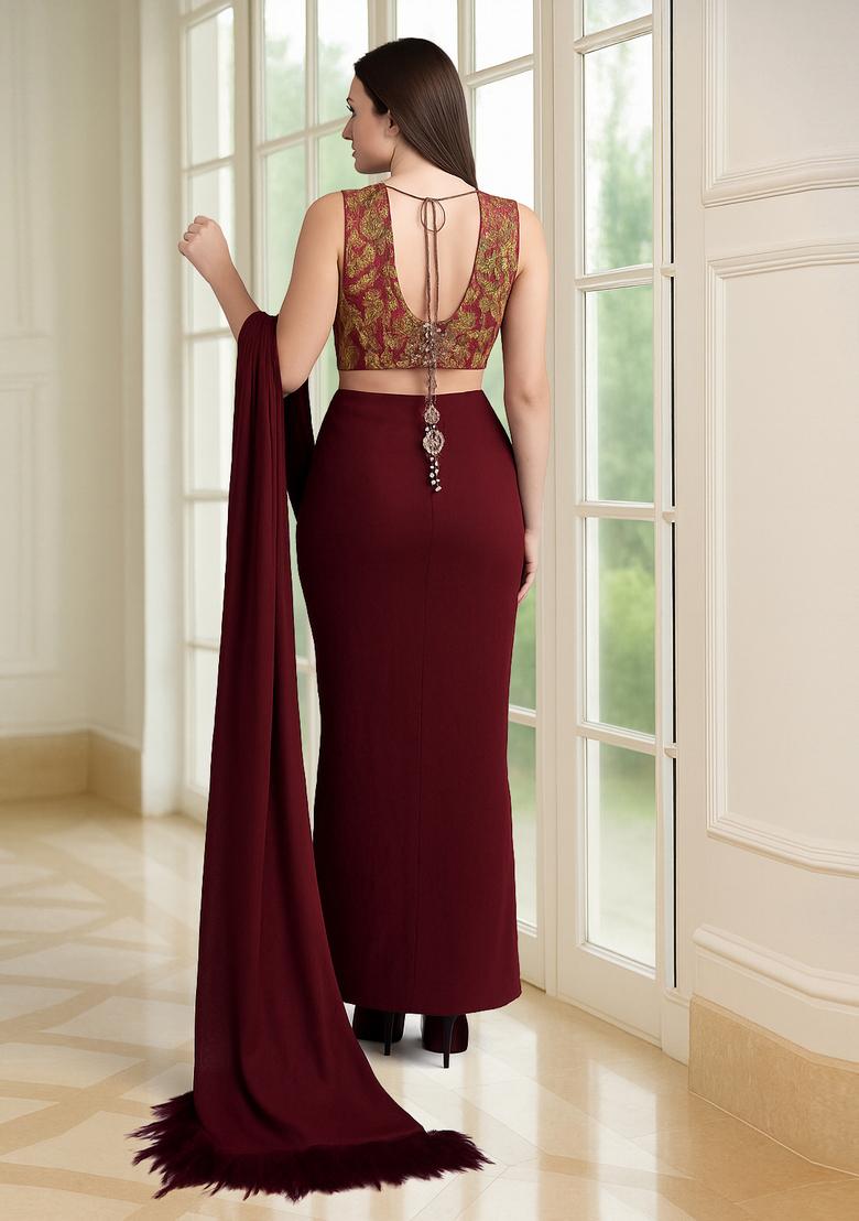 Red Embroidered Blouse Georgette Pre Draped Saree Set