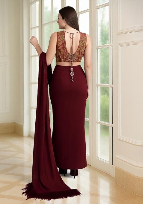 Red Embroidered Blouse Georgette Pre Draped Saree Set