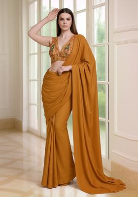 Orange Embroidered Blouse Georgette Pre Draped Saree Set