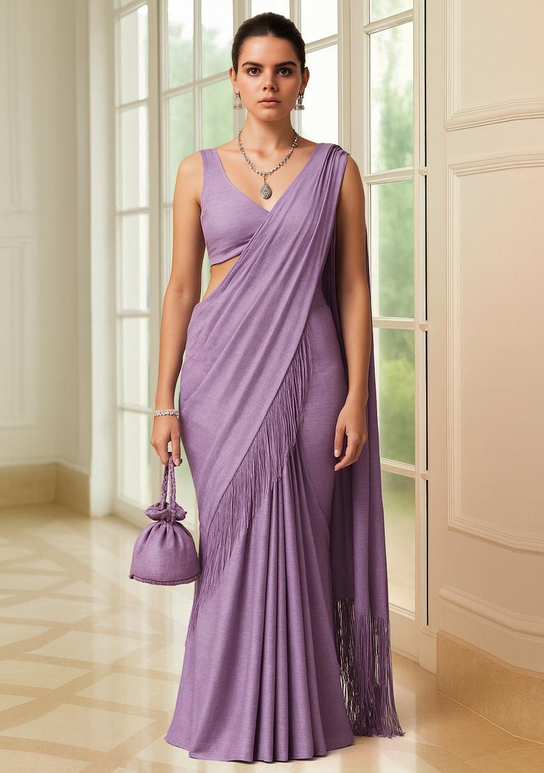 Lavender Solid Chiffon Pre Draped Saree Set