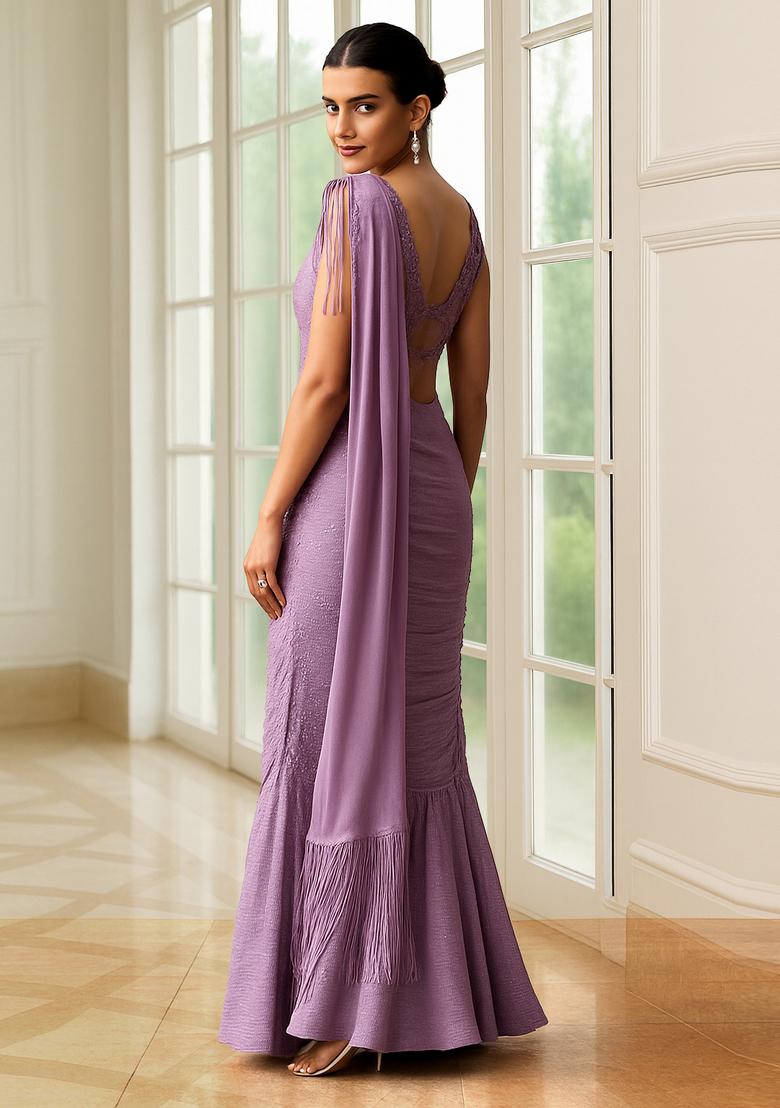 Lavender Solid Chiffon Pre Draped Saree Set - Indya