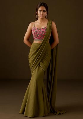 Sage Green Embroidered Blouse Crepe Pre Draped Saree Set