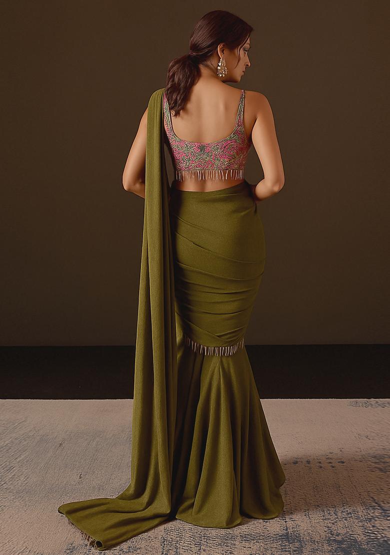Sage Green Embroidered Blouse Crepe Pre Draped Saree Set - Indya