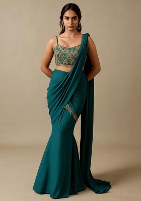 Blue Sequin Embroidered Blouse Georgette Pre Draped Saree Set