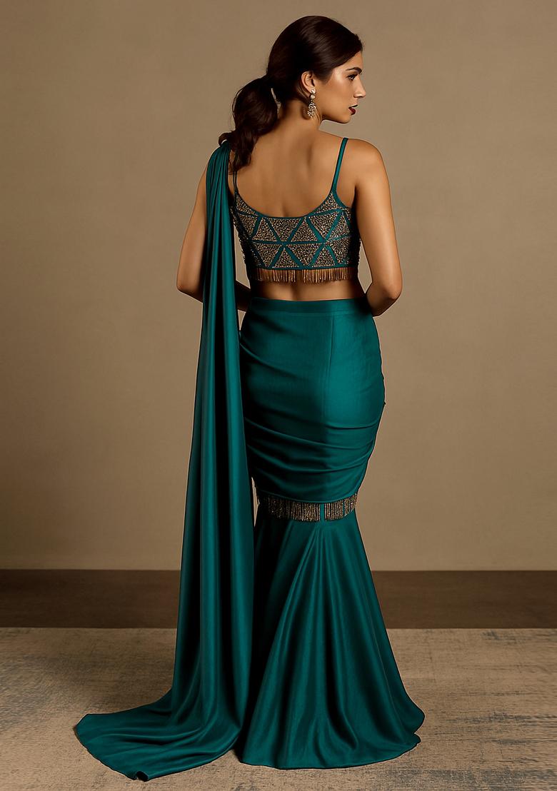 Blue Sequin Embroidered Blouse Georgette Pre Draped Saree Set - Indya