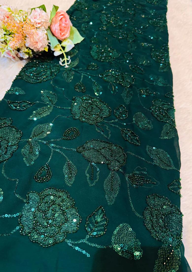 Green Embroidered Blouse Georgette Pre Draped Saree Set