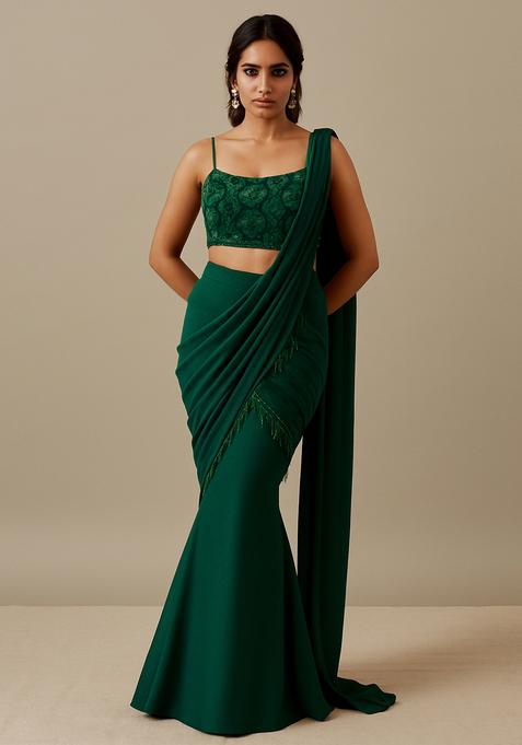 Green Embroidered Blouse Georgette Pre Draped Saree Set