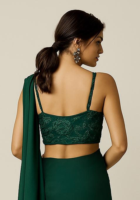 Green Embroidered Blouse Georgette Pre Draped Saree Set