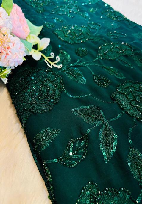 Green Embroidered Blouse Georgette Pre Draped Saree Set