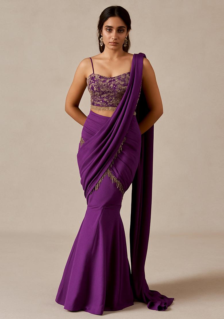 Purple Embroidered Blouse Crepe Pre Draped Saree Set