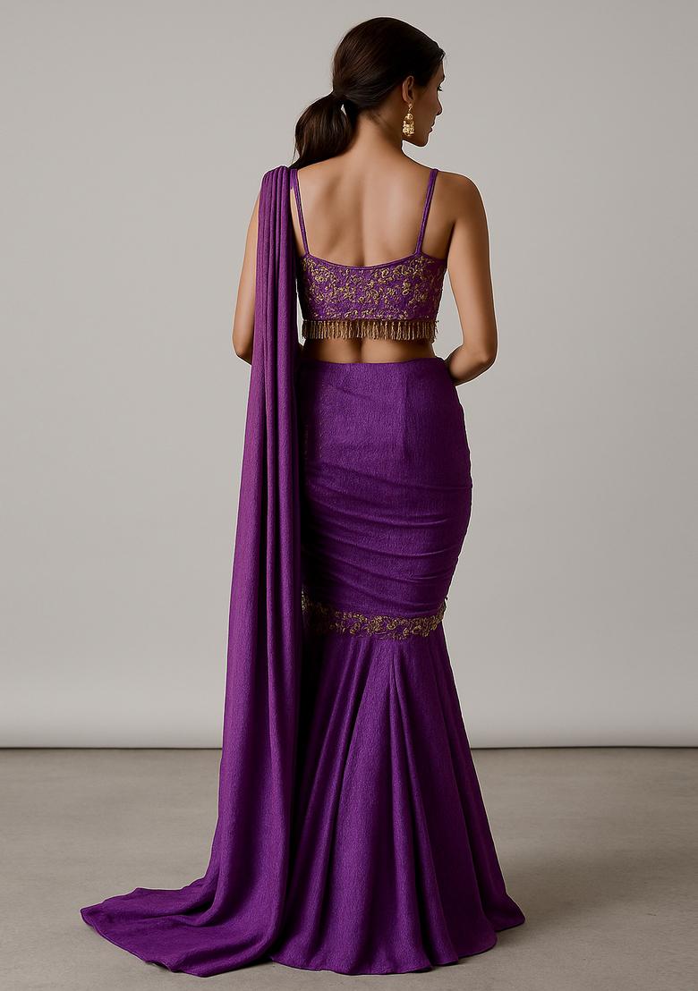 Purple Embroidered Blouse Crepe Pre Draped Saree Set