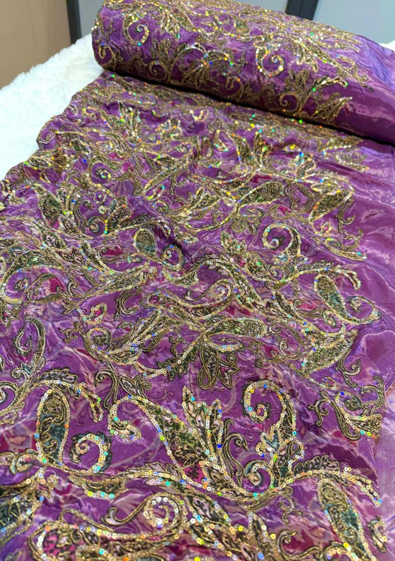 Purple Embroidered Blouse Crepe Pre Draped Saree Set