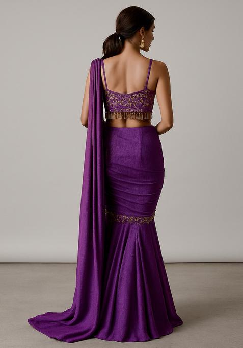 Purple Embroidered Blouse Crepe Pre Draped Saree Set