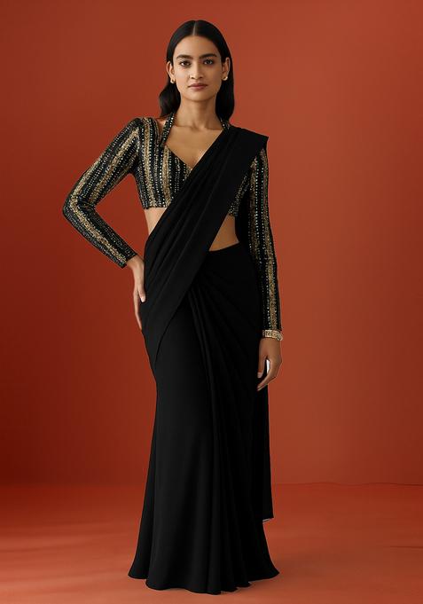 Black Embroidered Blouse Georgette Pre Draped Saree Set