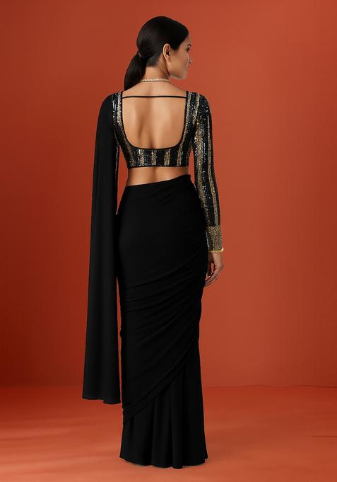 Black Embroidered Blouse Georgette Pre Draped Saree Set