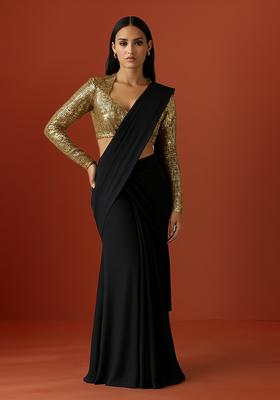 Black Sequin Blouse Georgette Pre Draped Saree Set