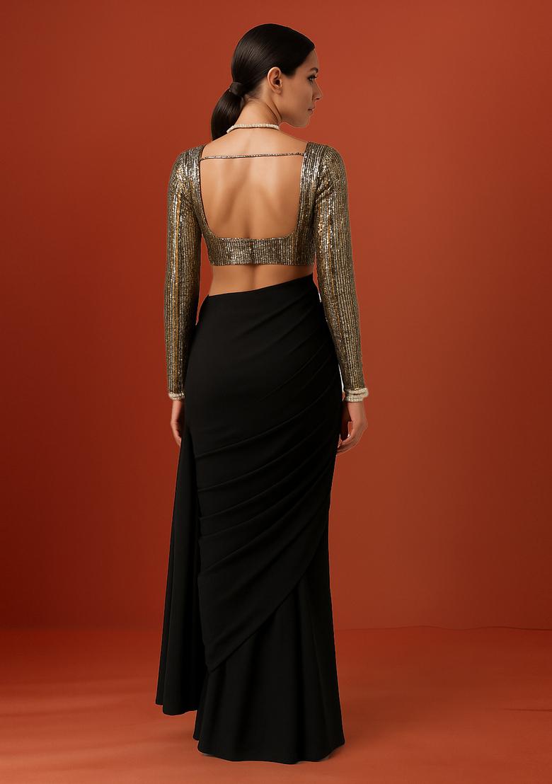 Black Sequin Blouse Georgette Pre Draped Saree Set