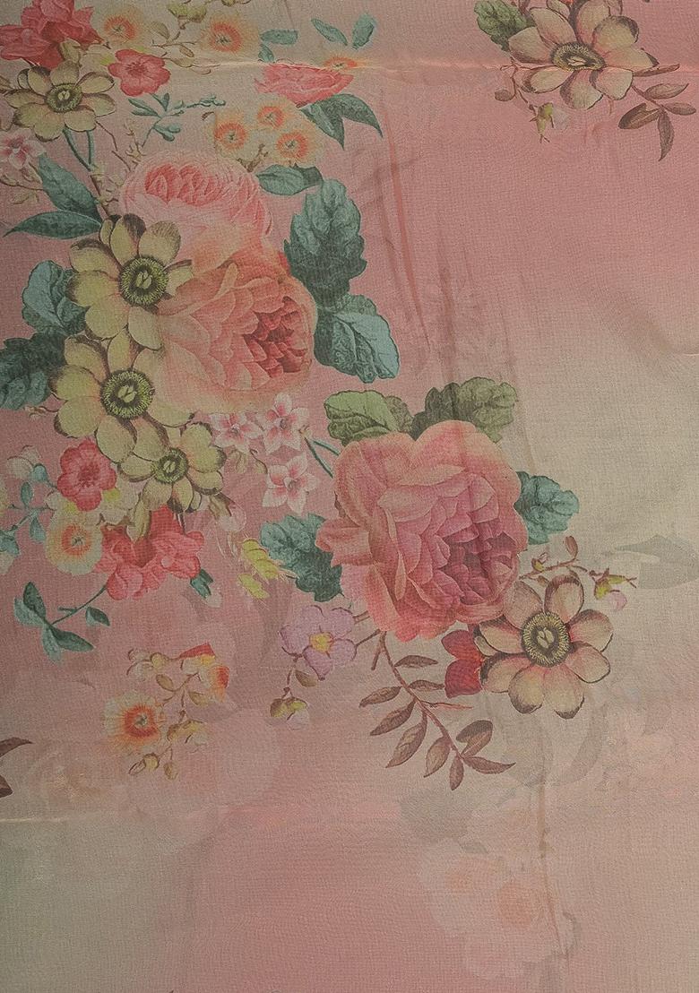 Pink Printed Organza Pre Draped Saree Set