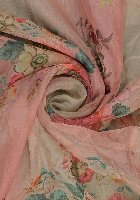 Pink Printed Organza Pre Draped Saree Set